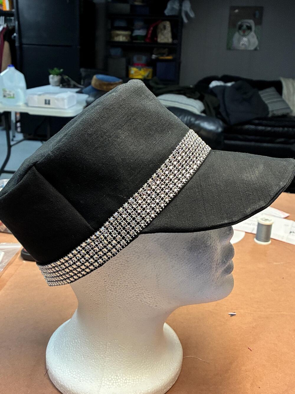 Handmade Black Glam Cap – Sparkling Crystal Trim, Cotton Lined , small